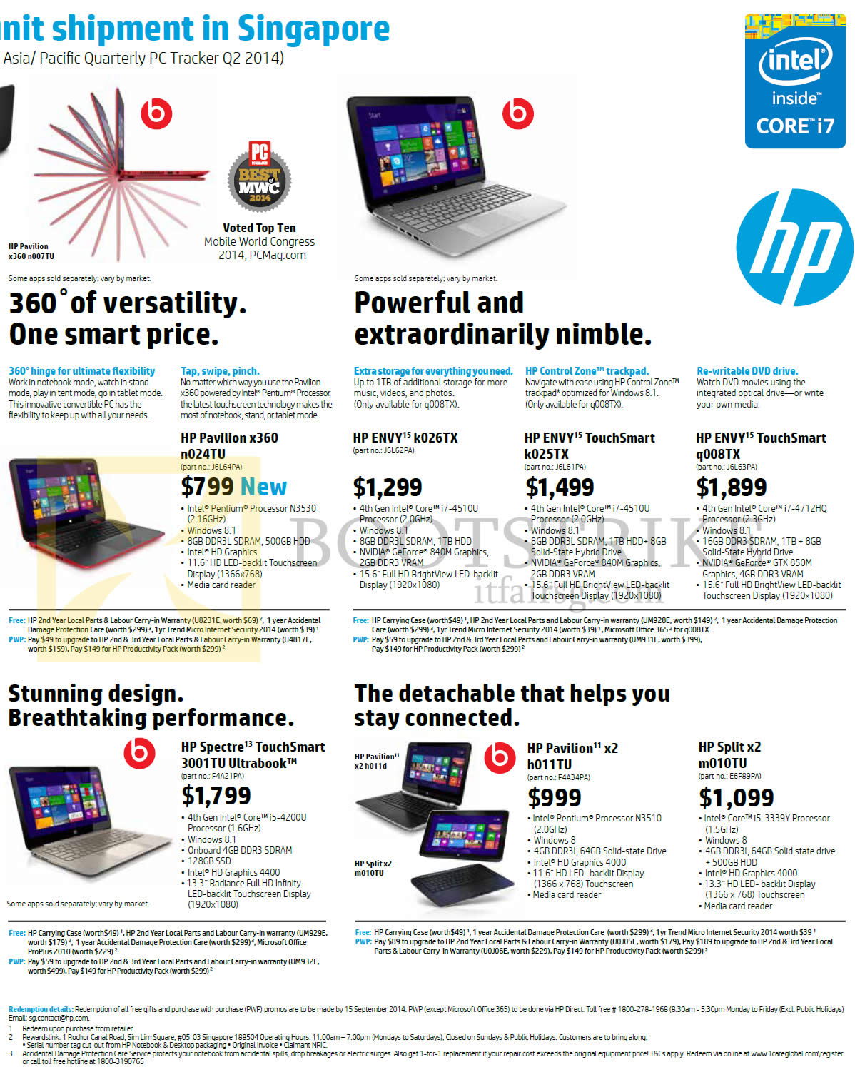 COMEX 2014 price list image brochure of HP Notebooks Pavilion X360 N024tu, 11-x2 H011TU, Split X2-m010TU, Envy 15-k026TX, 15-k025TX, 15-q008TX, Spectre 13-3001TU
