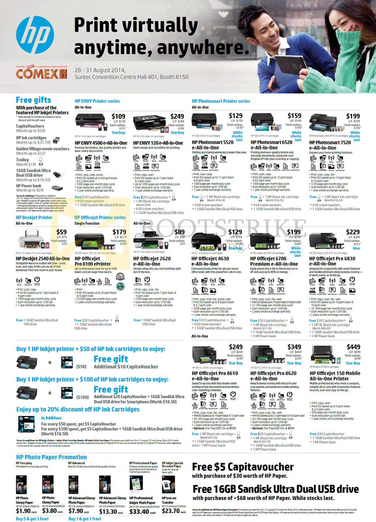 COMEX 2014 price list image brochure of HP Printers Envy 4500, 120, Photosmart 5520, 6520, 7520, Deskjet 2540, Officejet Pro 8100, 2620, 4630, 6700, 6830, 8610, 8620, 150