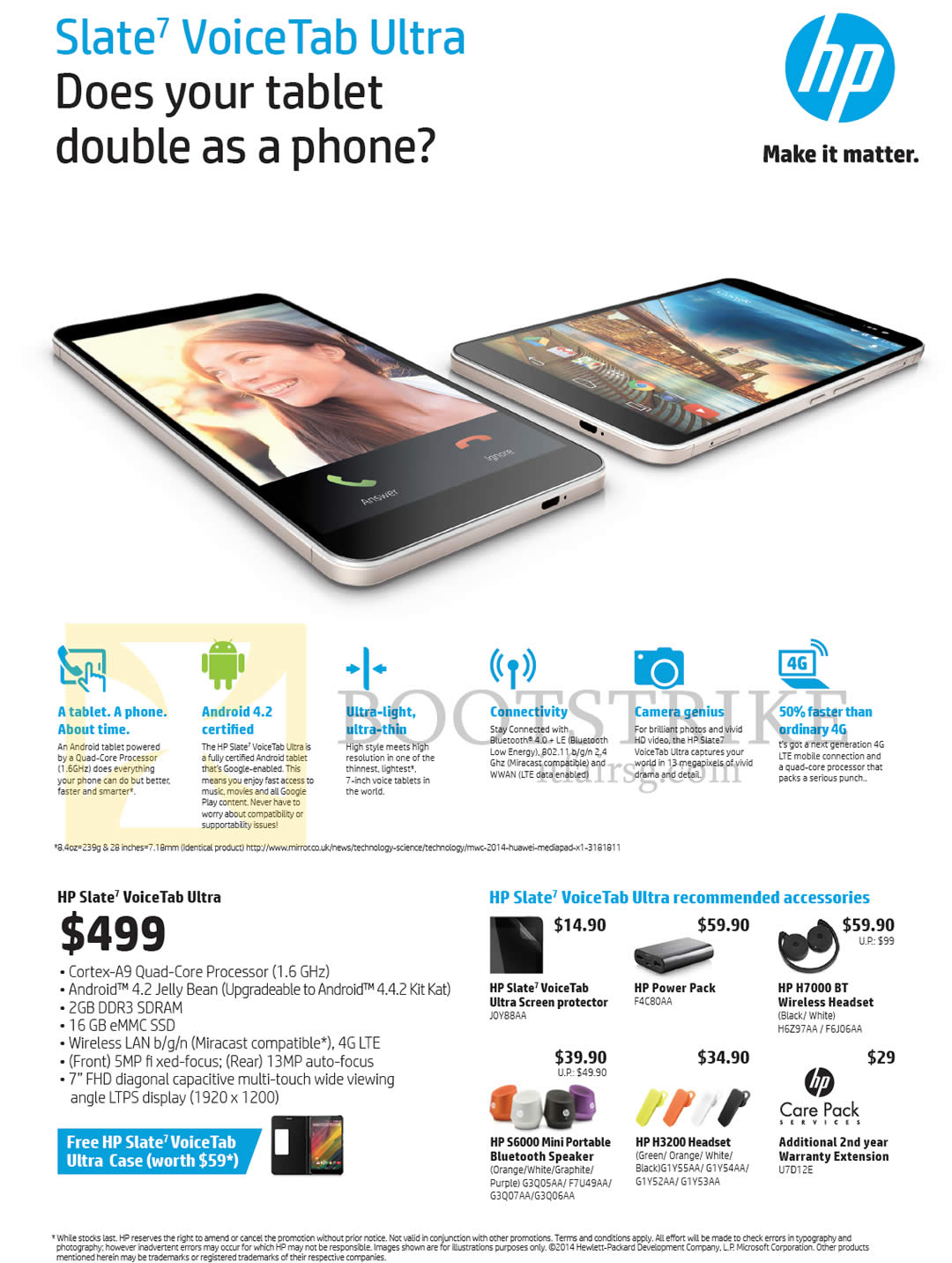 COMEX 2014 price list image brochure of HP Tablet Slate 7 Voice Tab Ultra, Screen Protector, PowerPack, Wireless Headset, Bluetooth Speaker, Headset, Warranty Extension