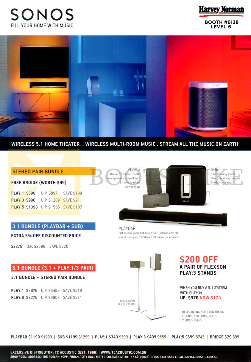 COMEX 2014 price list image brochure of Harvey Norman Sonos Wireless Home Theatre, Play-3, Sub, Playbar, Stereo Pair Bundle, 3.1 Bundle, 5.1 Bundle, Flexon
