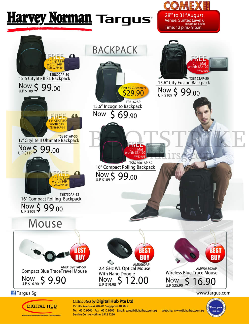 COMEX 2014 price list image brochure of Harvey Norman Targus Mouse, Backpacks Citylite II SL, Ultimate, Compact Rolling, City Fusion, Incognito, Compact BlueTrace, Wireless BlueTrace