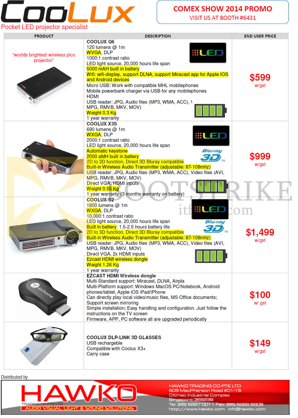 COMEX 2014 price list image brochure of Hawko Coolux Pocket LED Projectors Coolux Q6, Coolux X3S, Coolux S2, Coolux DLP-Link 3D Glasses