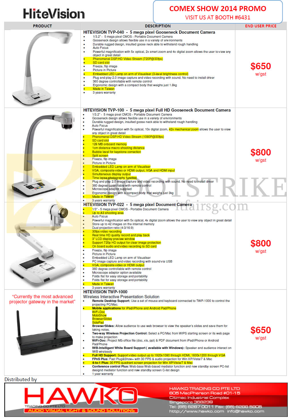 COMEX 2014 price list image brochure of Hawko Document Cameras Hitevision TVP-040, TVP-100, TVP-022, TWP-1000