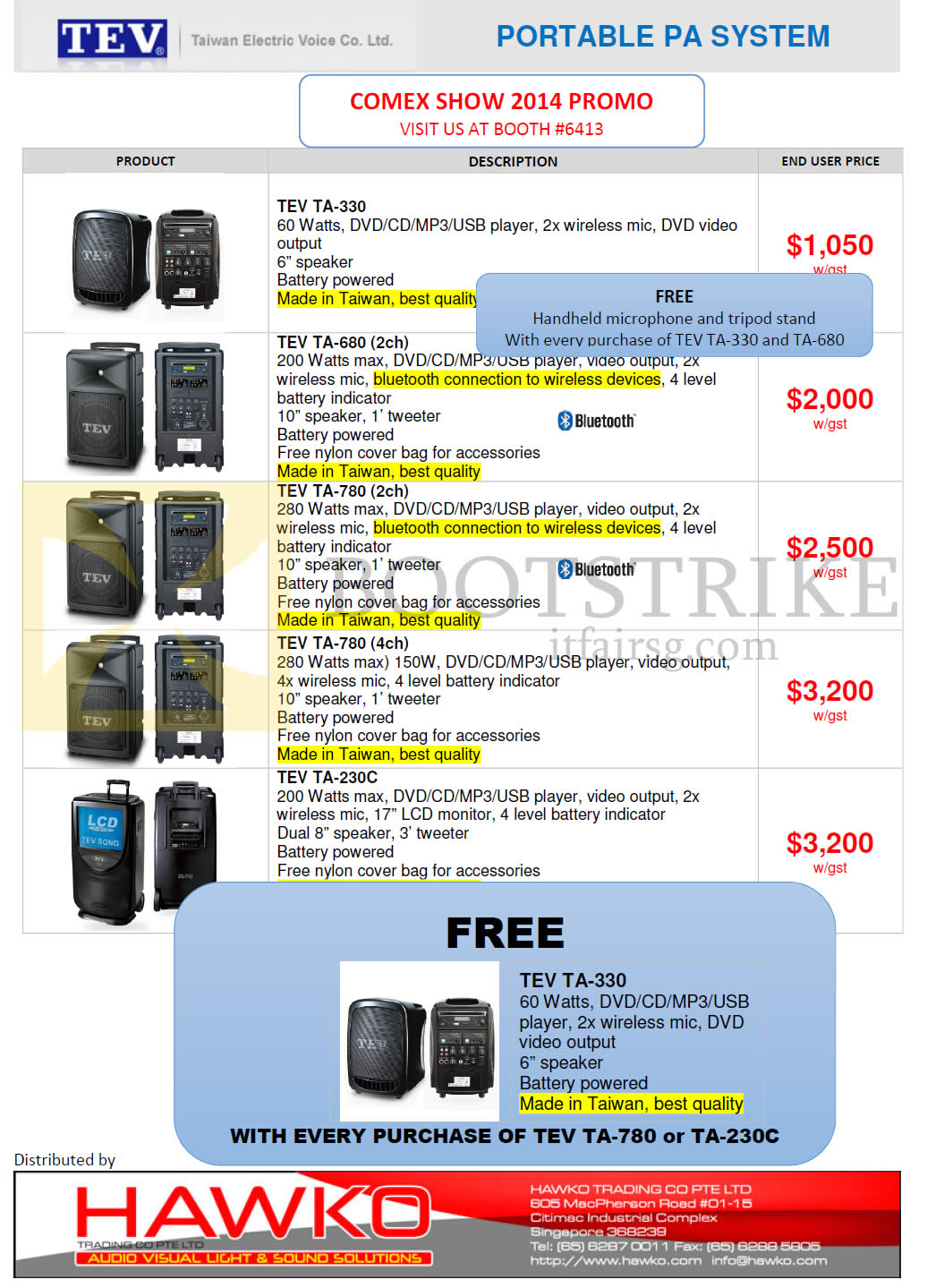 COMEX 2014 price list image brochure of Hawko Portable PA System TEV TA-330, TA-680, TA-780, TA-230C