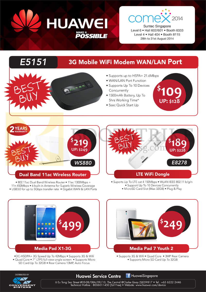 COMEX 2014 price list image brochure of Huawei 3G Mobile Wifi Modem E5151, Wireless Router WS880, LTE Wifi Dongle E8278, Media Pad X1-3G, 7 Youth 2