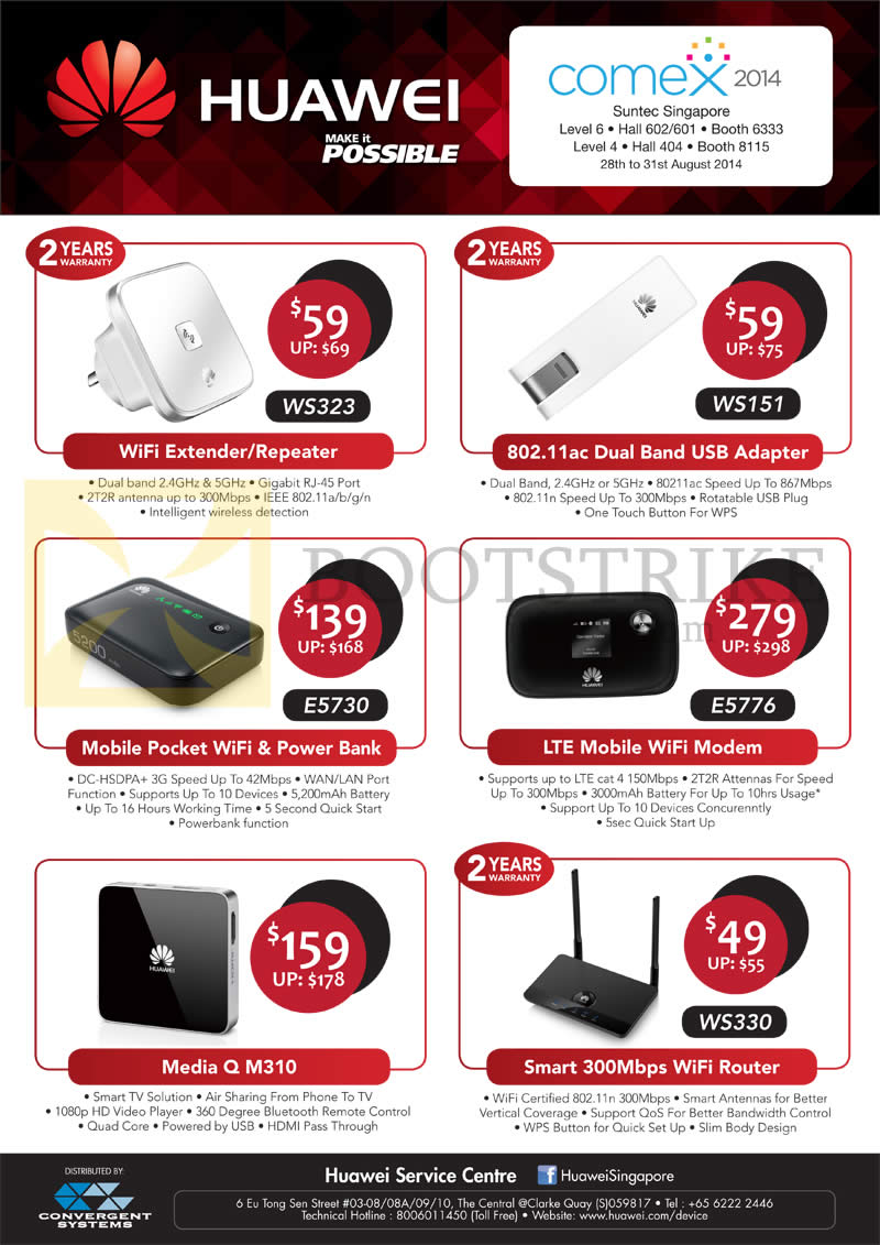 COMEX 2014 price list image brochure of Huawei Wireless Extender Repeater, USB Adapter, Power Bank, Wifi Router, Media Q M310