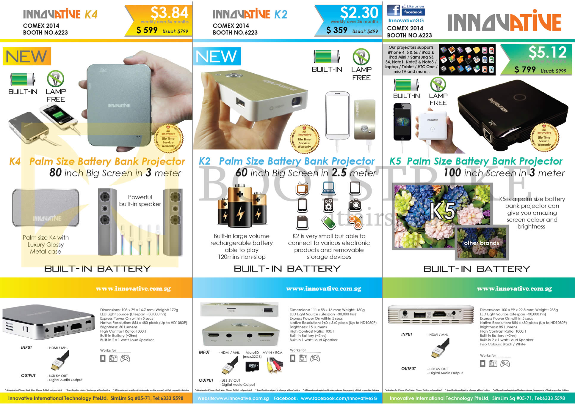 COMEX 2014 price list image brochure of Innovative K4, K2, K5 Battery Bank Projector