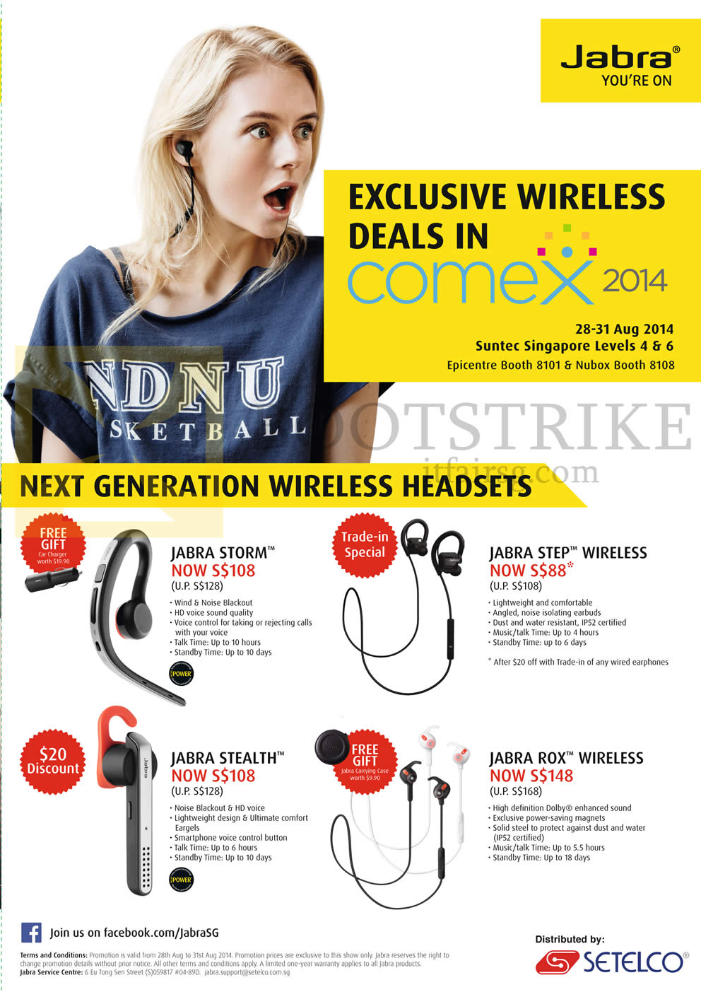 COMEX 2014 price list image brochure of Jabra Bluetooth Headsets Storm, Step Wireless, Stealth, Rox Wireless