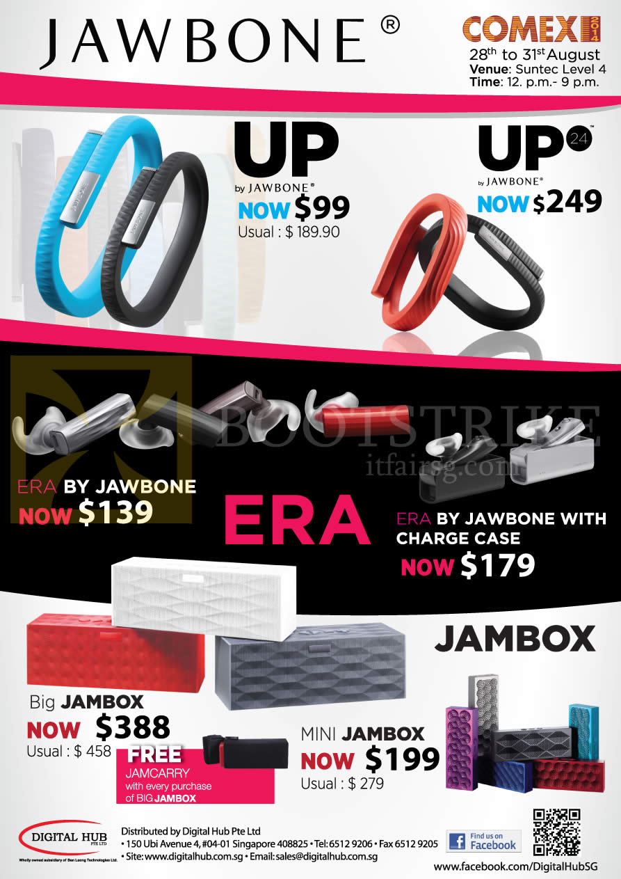 COMEX 2014 price list image brochure of Jawbone (EpiCentre, Digital Style) Speakers, UP, UP24, Era, Big Jambox, Mini