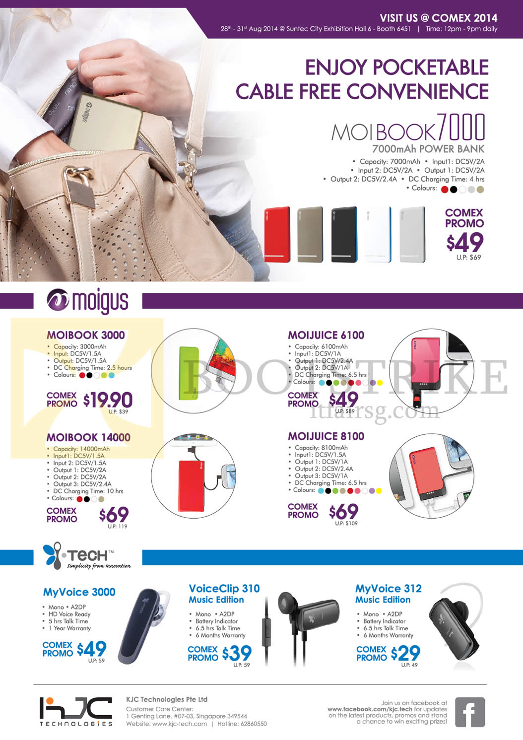 COMEX 2014 price list image brochure of KJC Technologies ITech Bluetooth Headsets, Moigus Power Bank, MyVoice 3000, 312, VoiceClip 310, Moibook 3000, 14000, Moijuice 6100, 8100