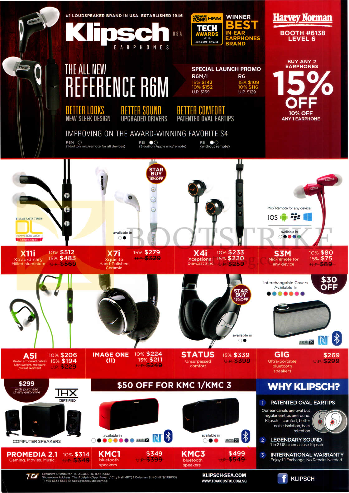 COMEX 2014 price list image brochure of Klipsch (Harvey Norman) Headphones, Earphones, X11i, X7i, X4i, S3M, A5i, Image One, Status, GIG, Promedia 2.1, KMC1, KMC3