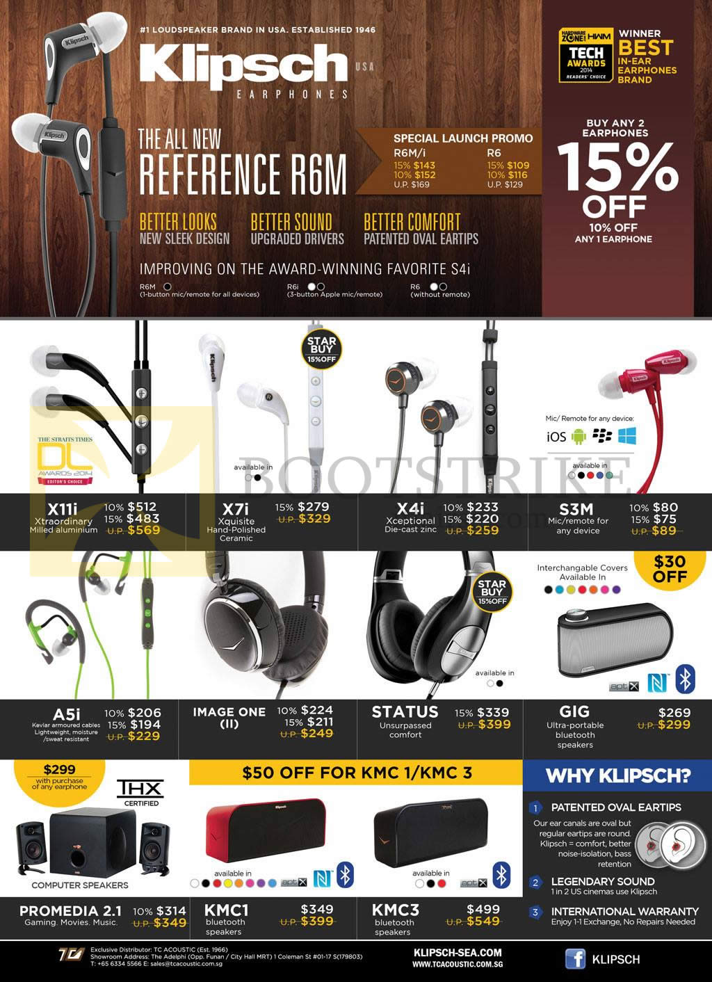 COMEX 2014 price list image brochure of Klipsch Speakers, Earphones X11i, X7i, X4i, S3M, A5i, Image One II, Status, GIG, Promedia 2.1, KMC 1, KMC 3