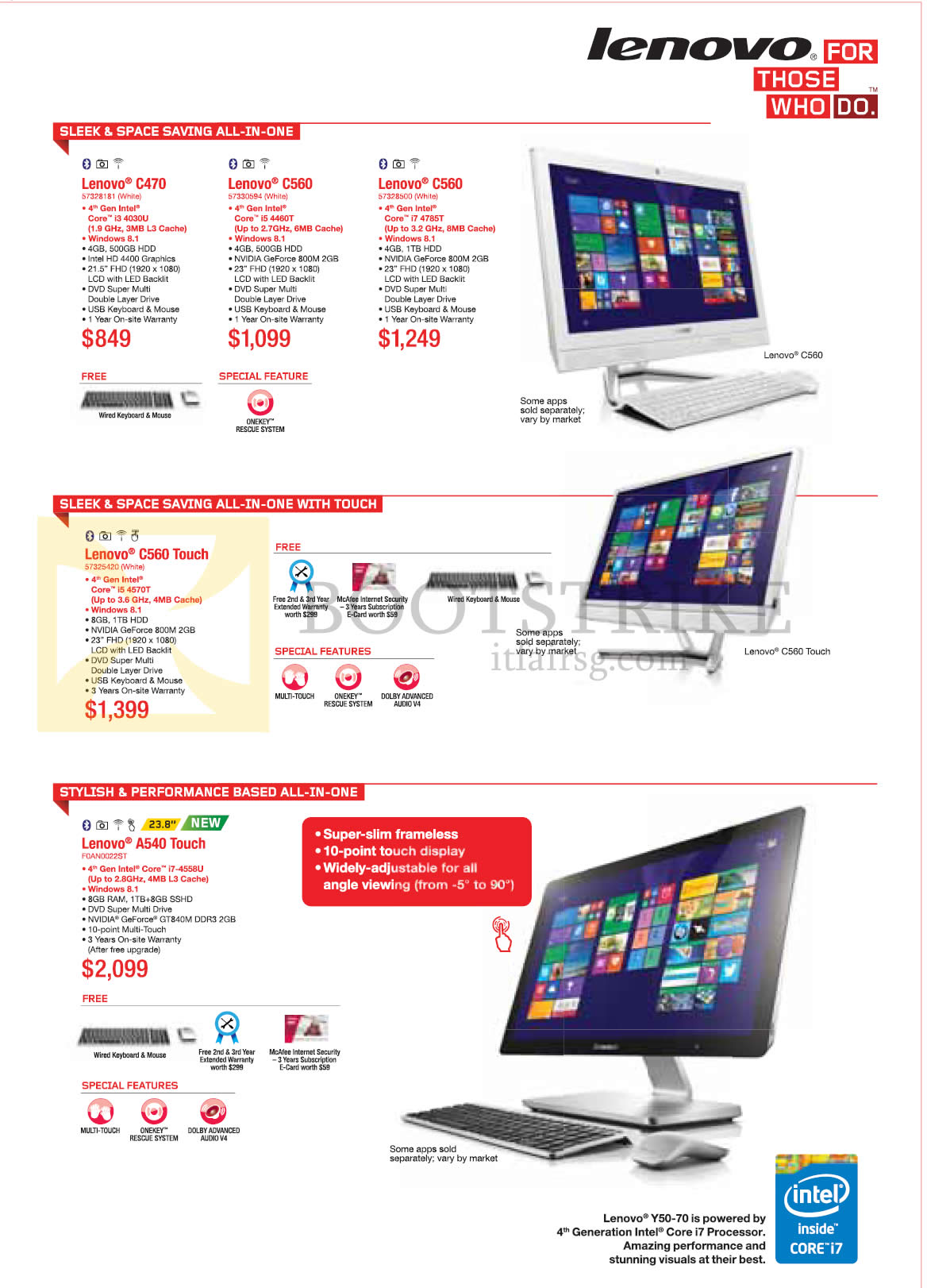 COMEX 2014 price list image brochure of Lenovo AIO Desktop PCs C470, C560, C560 Touch, A540 Touch