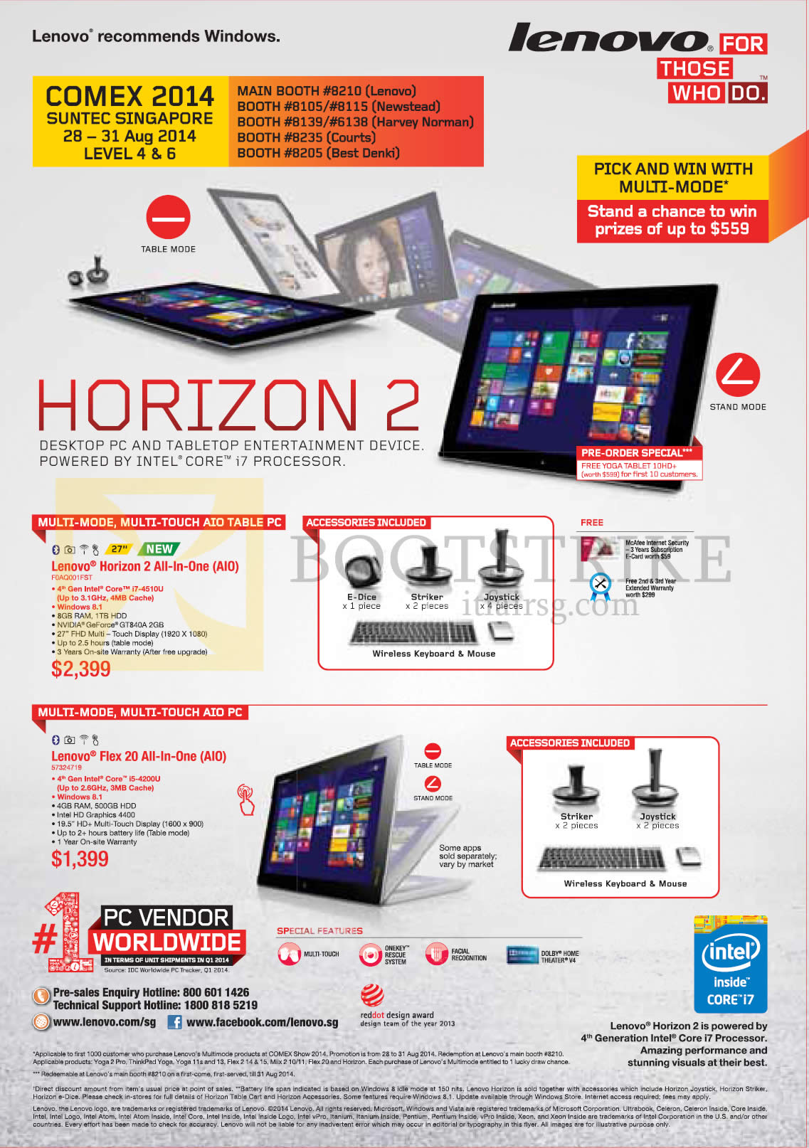 COMEX 2014 price list image brochure of Lenovo AIO Table Desktop PCs Horizon 2, Flex 20
