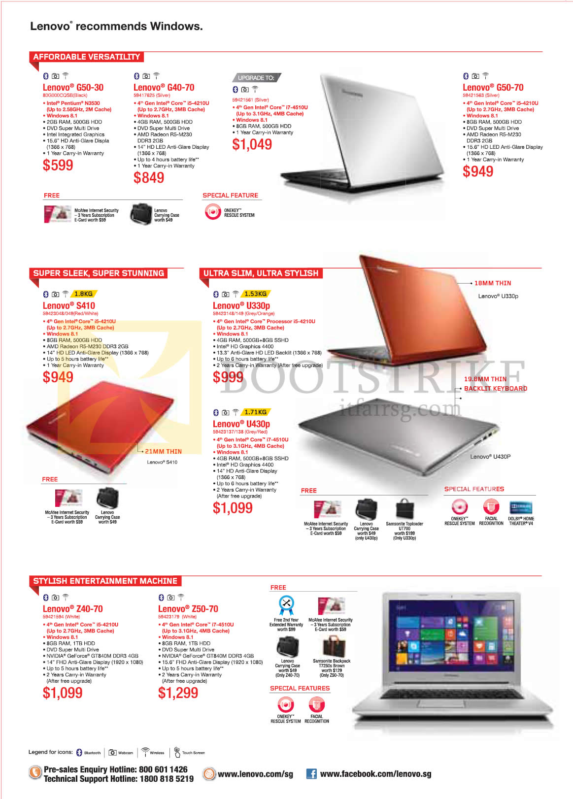 COMEX 2014 price list image brochure of Lenovo Notebooks G50-30, G40-70, G50-70, S410, U330p, U430p, Z40-70, Z50-70