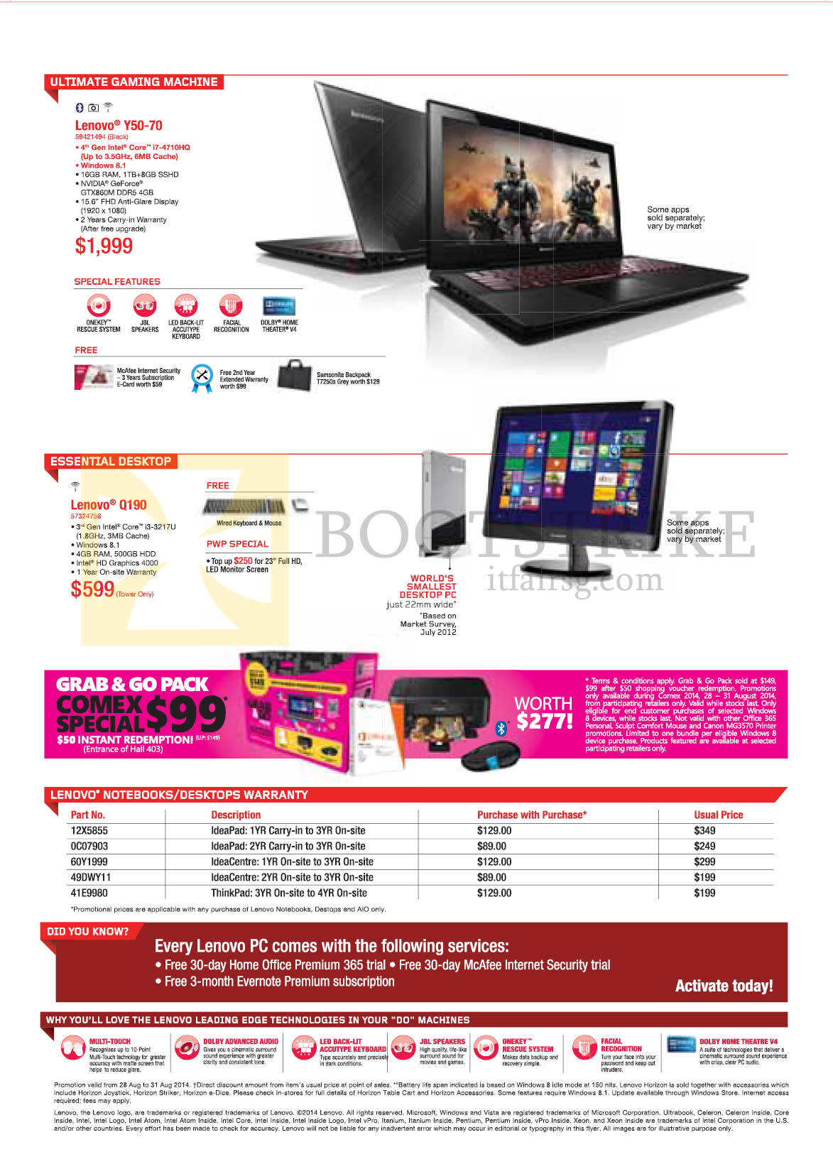 COMEX 2014 price list image brochure of Lenovo Notebooks, Desktop PC Y50-70, Q190