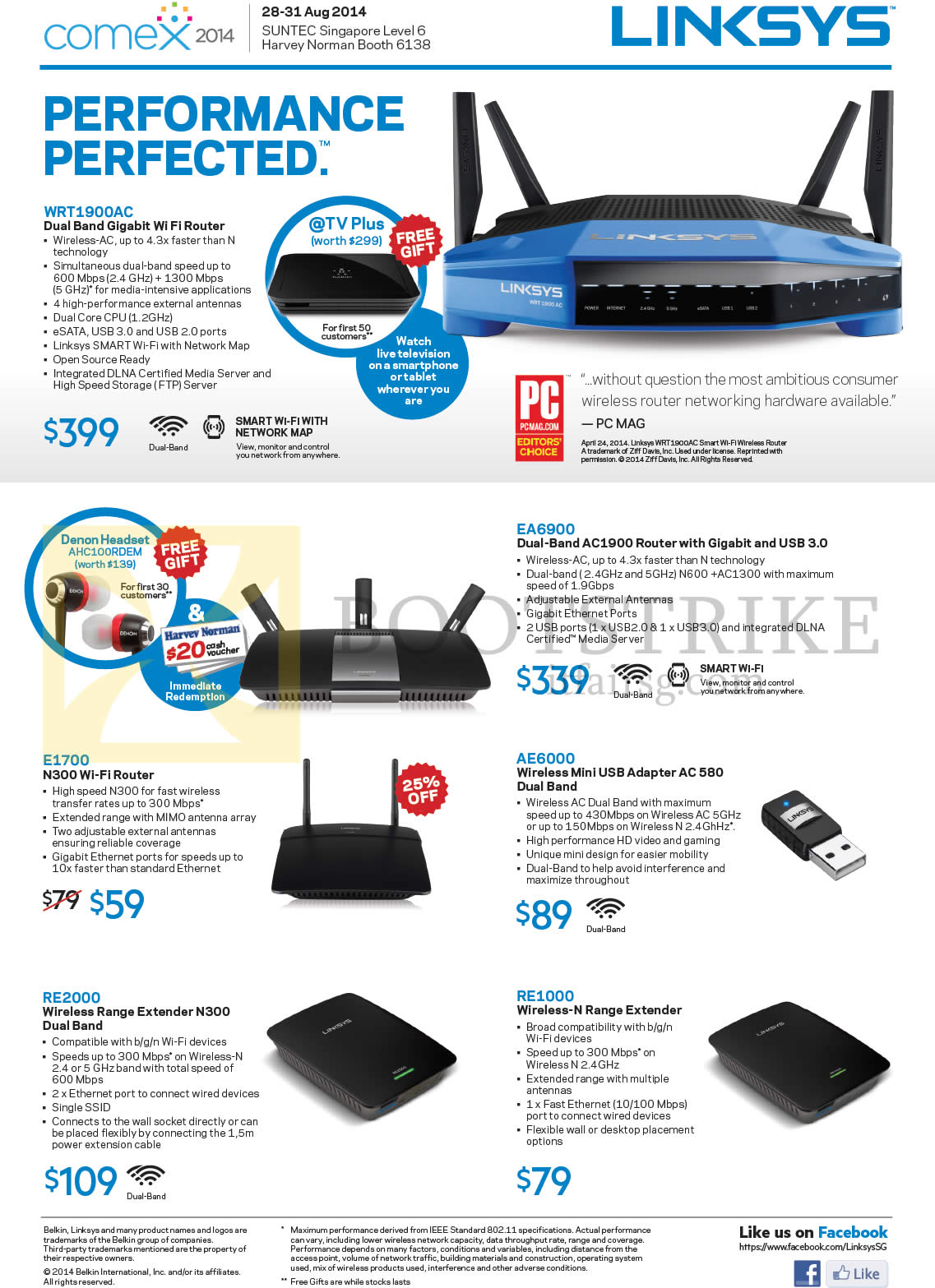 COMEX 2014 price list image brochure of Linksys Networking Wireless Routers, USB Adapter, N-Range Extender, WRT1900AC, E1700, EA6900, AE6000, RE1000, RE2000