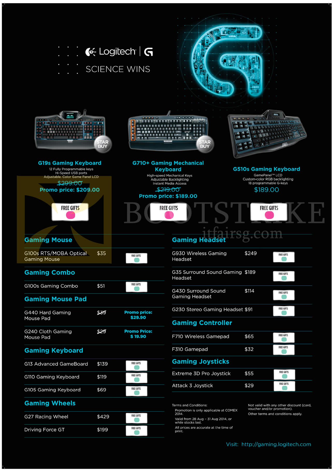 COMEX 2014 price list image brochure of Logitech Gaming Mouse G100s, Mouse Pad, Keyboard, Wheels G27 Driving Force GT, Headset, Controller, Joysticks, G19s G710 G510s G13 G110 G105