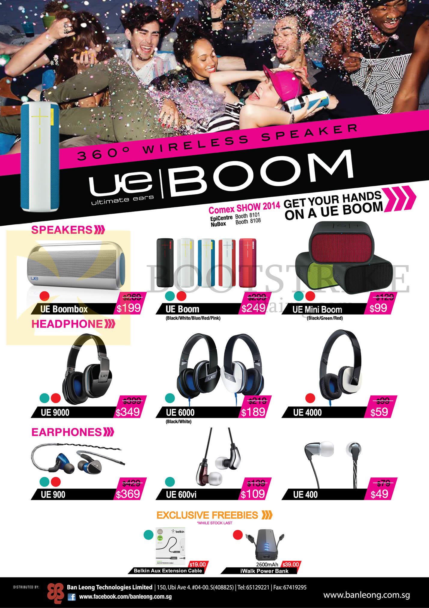 COMEX 2014 price list image brochure of Logitech Ultimate Ears UE Speakers, Earphones, Headphones, UE Boombox, UE Boom, UE Mini Boom, UE9000, UE6000, UE4000, UE900, UE600vi, UE400