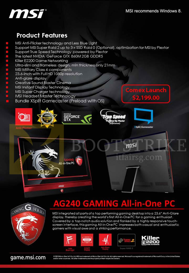 COMEX 2014 price list image brochure of MSI AIO Desktop PC AG240 Gaming Features
