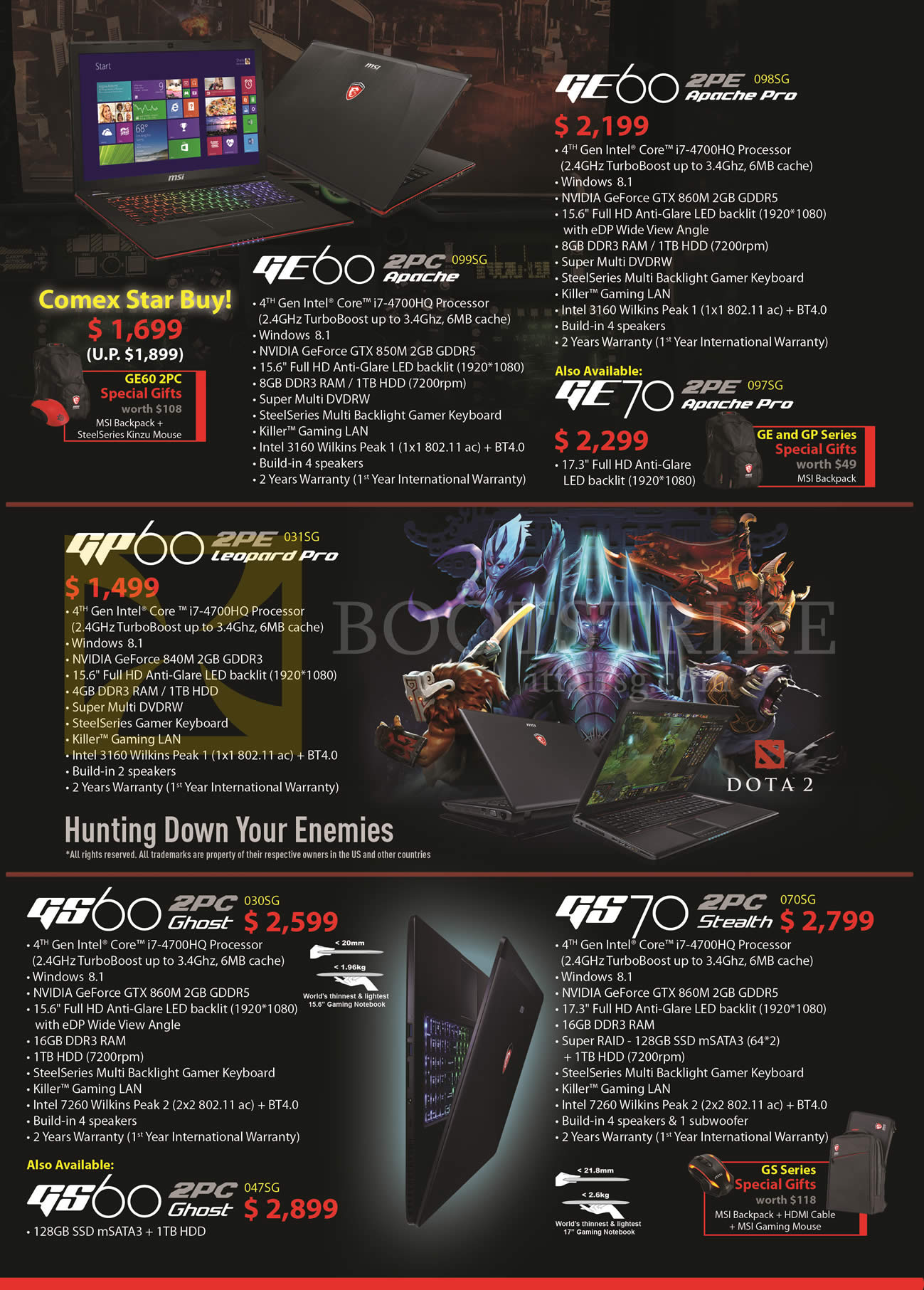 COMEX 2014 price list image brochure of MSI Notebooks GE60 2PC, 2PE, GE70 2PE, GP60 2PE, GS60 2PC, GS70 2PC