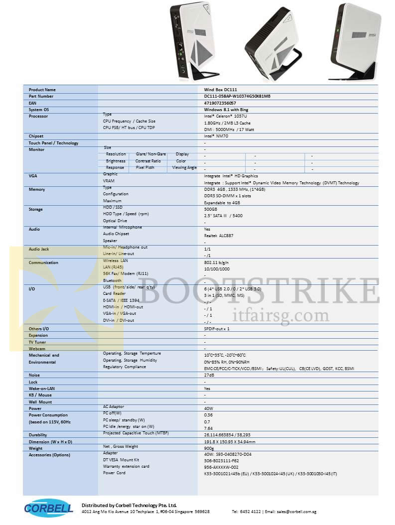 COMEX 2014 price list image brochure of MSI Wind Box DC111 Desktop PC Specifications