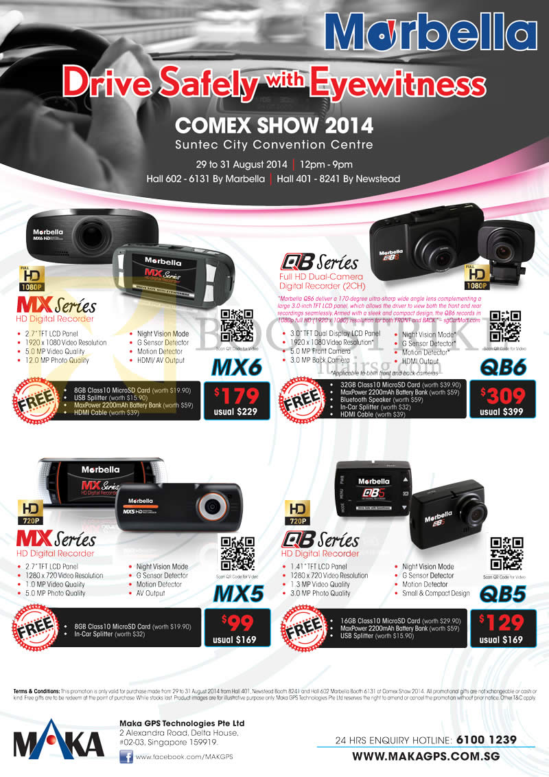COMEX 2014 price list image brochure of Maka GPS Car Digital Video Recorders MX6, MX5, QB5, QB6