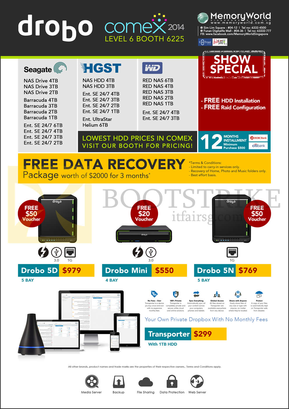 COMEX 2014 price list image brochure of Memory World Drobo Storage Solutions, Drobo 5D, Mini, 5N, Transporter, NAS