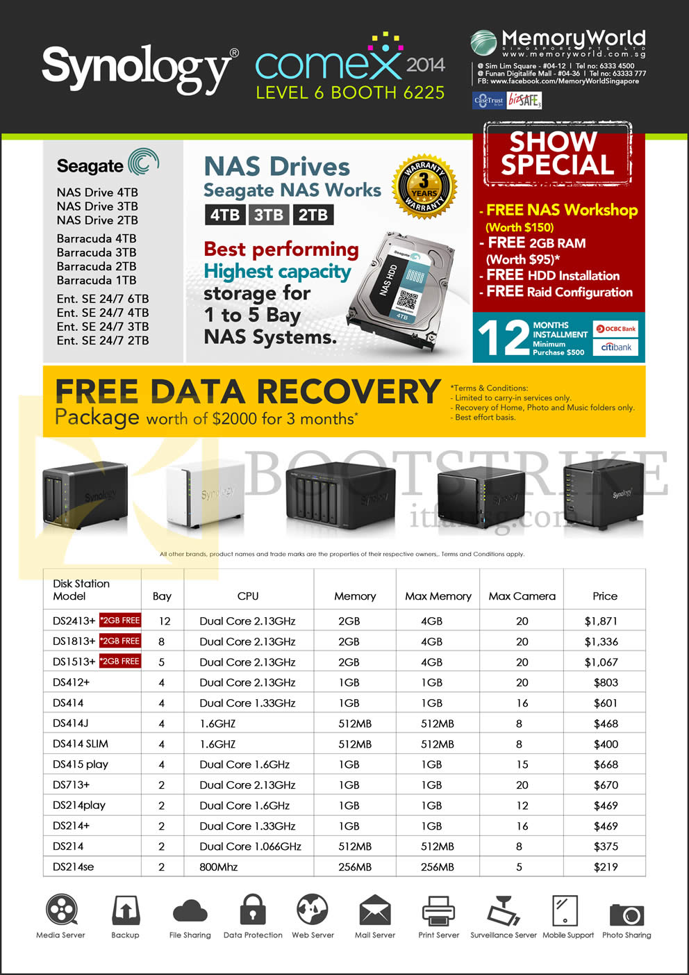 COMEX 2014 price list image brochure of Memory World Synology NAS, NAS Drives, DiskStation DS2413 1813 1513 412 414 415 713 Plus DS214