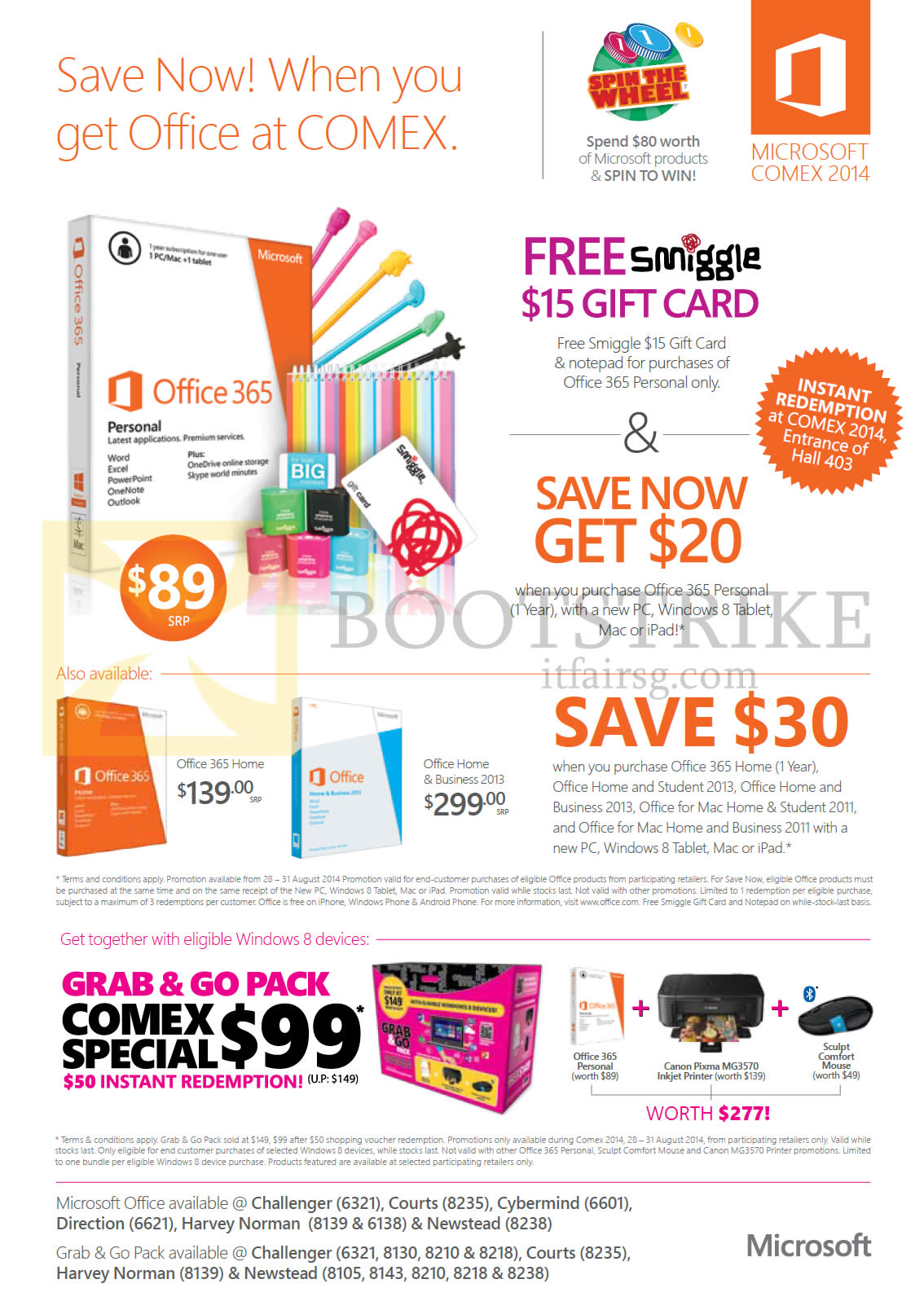 COMEX 2014 price list image brochure of Microsoft Office 365 Home, Office Home N Business 2013, Windows 8 Devices Grab N Go Pack