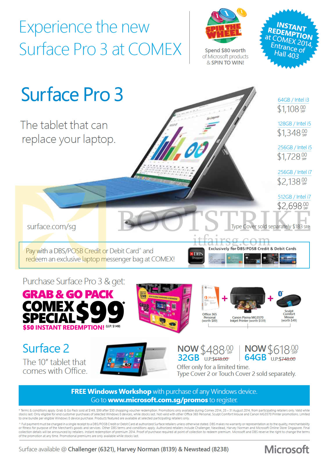 COMEX 2014 price list image brochure of Microsoft Surface Pro 3 Tablet, Surface 2, Grab N Go Pack