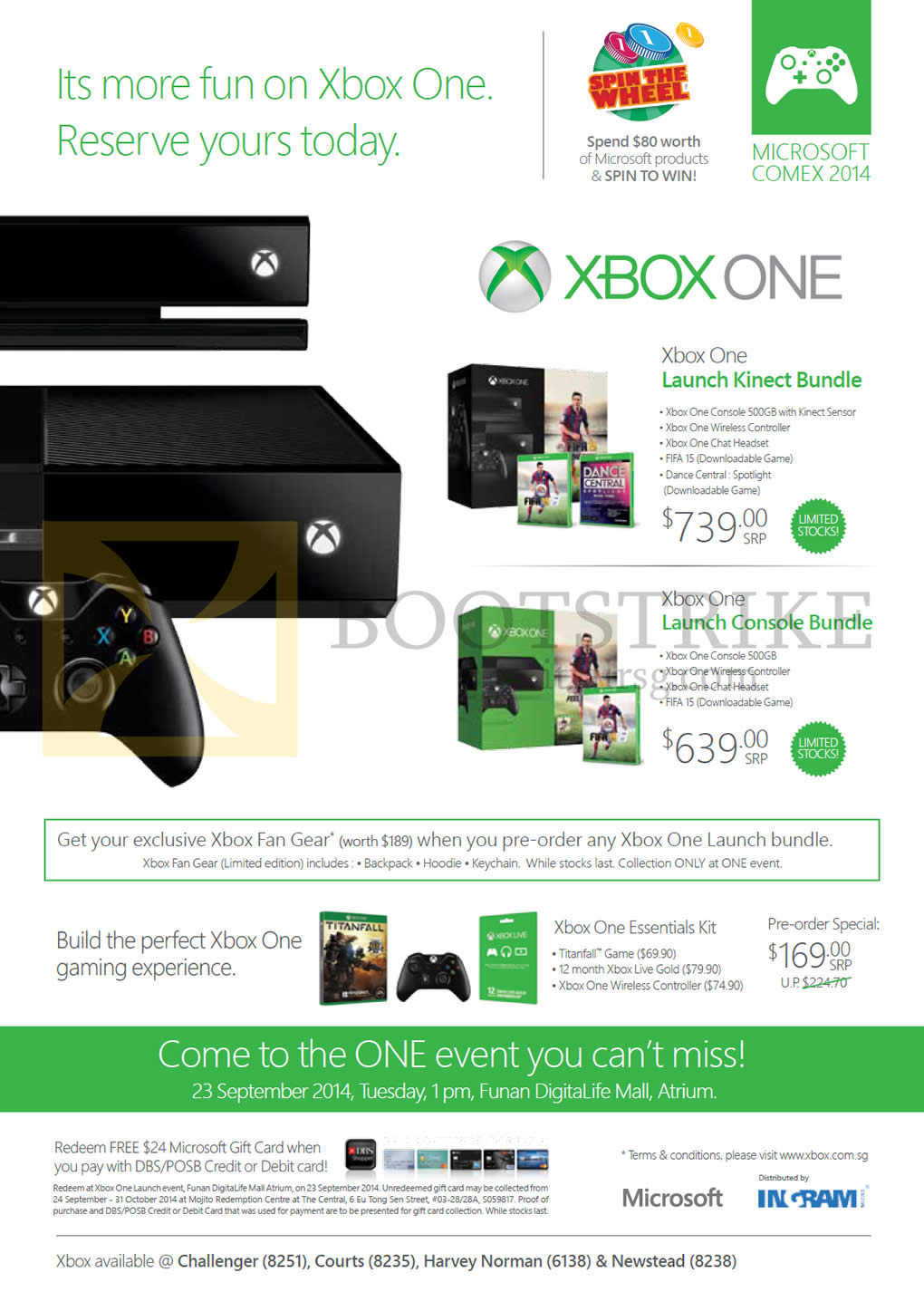 COMEX 2014 price list image brochure of Microsoft Xbox One, Launch Kinect Bundle, Launch Console Bundle, Xbox One Essentials Kit