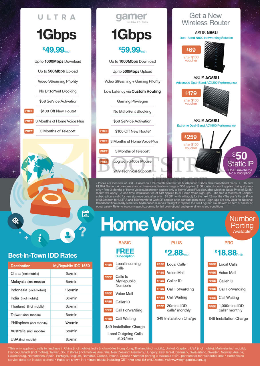 COMEX 2014 price list image brochure of MyRepublic 49.99 1Gbps Ultra, 59.99 Gamer, ASUS Wireless Routers, Home Voice Basic Plus Pro, IDD Rates