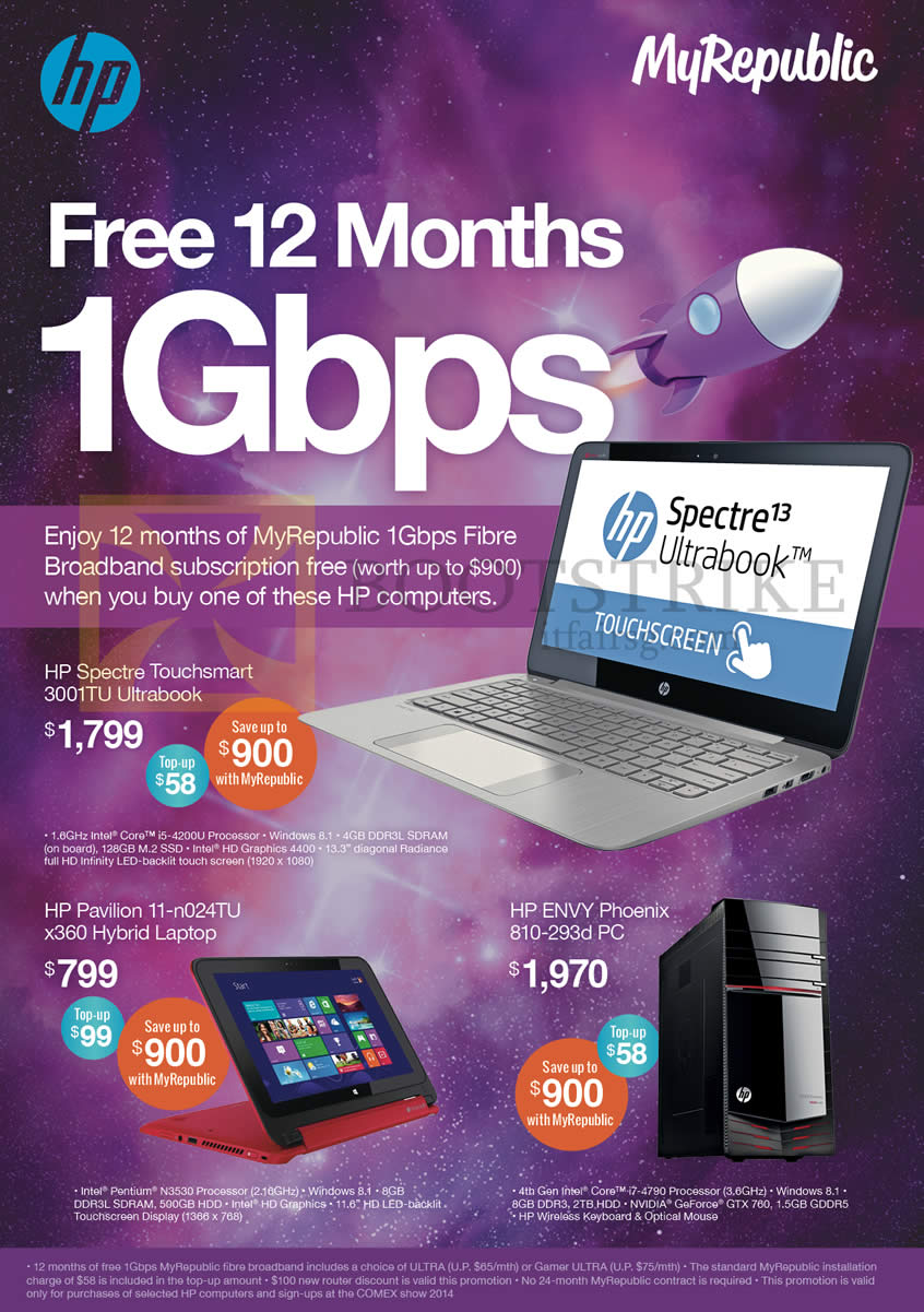 COMEX 2014 price list image brochure of MyRepublic Free 12 Months With Purchase Of HP Notebooks Desktop PC Spectre Touchsmart 3001TU, Pavilion 11-n024TU X360, Envy Phoenix 810-293d