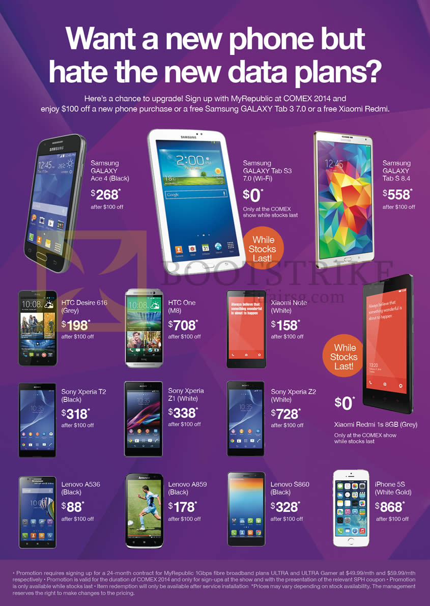 COMEX 2014 price list image brochure of MyRepublic Phones Samsung Galaxy Ace 4 Tab 3 7.0 Tab S 8.4, HTC Desire 616 One M8, Xiaomi Note Redmi 1S, Sony Xperia T2 Z1 Z2, Lenovo A536 A859 S860, Apple IPhone 5S