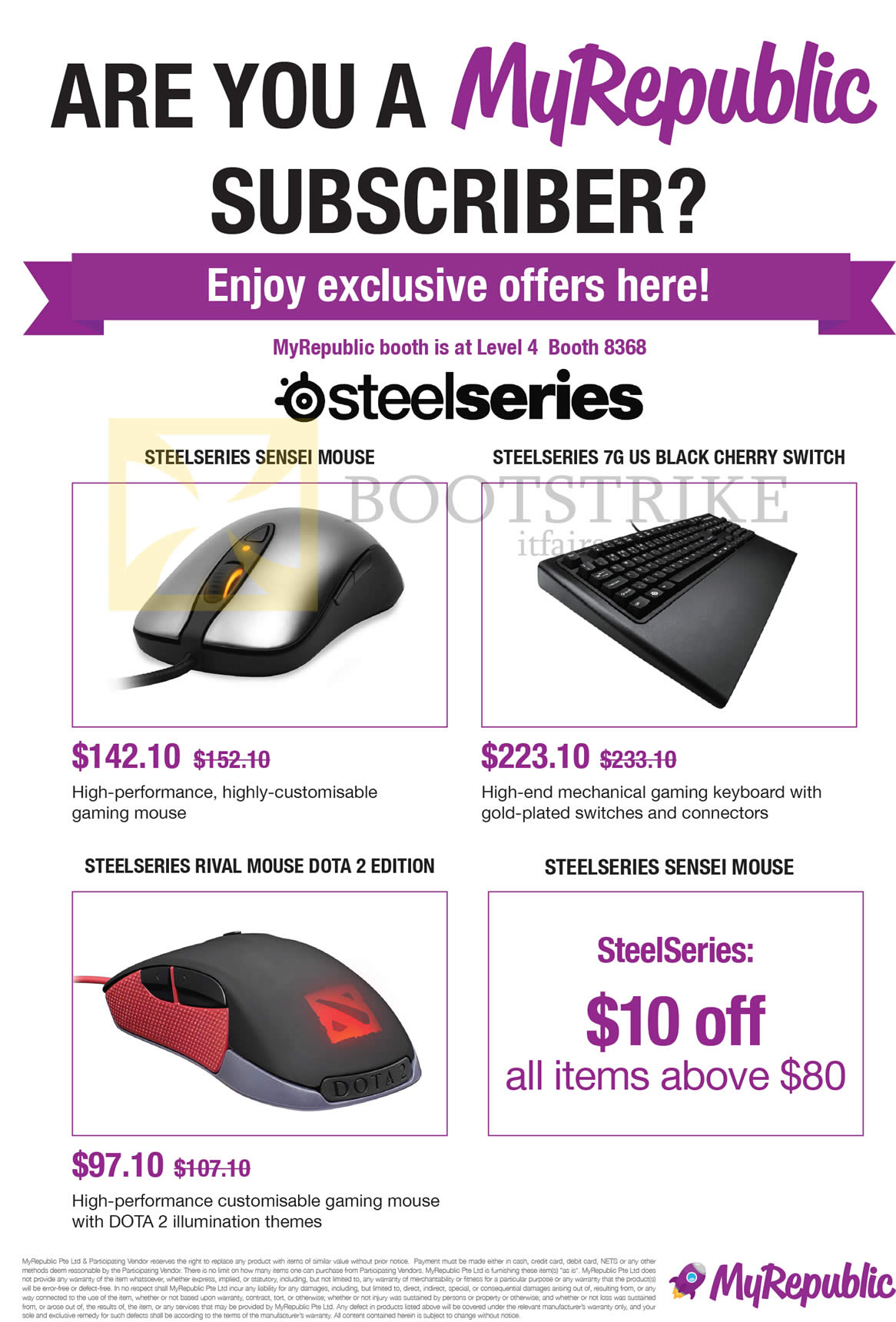 COMEX 2014 price list image brochure of MyRepublic Steelseries Mouse, Keyboard, Sensei, Rival Dota 2 Edition, 7G US Black Cherry Switch