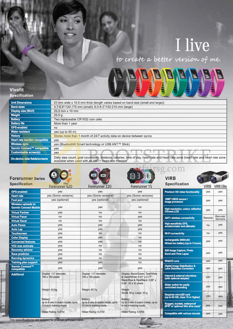 COMEX 2014 price list image brochure of Navicom Garmin Specifications Vivofit Fitness Band, Forerunner 15 620 220, Virb Elite