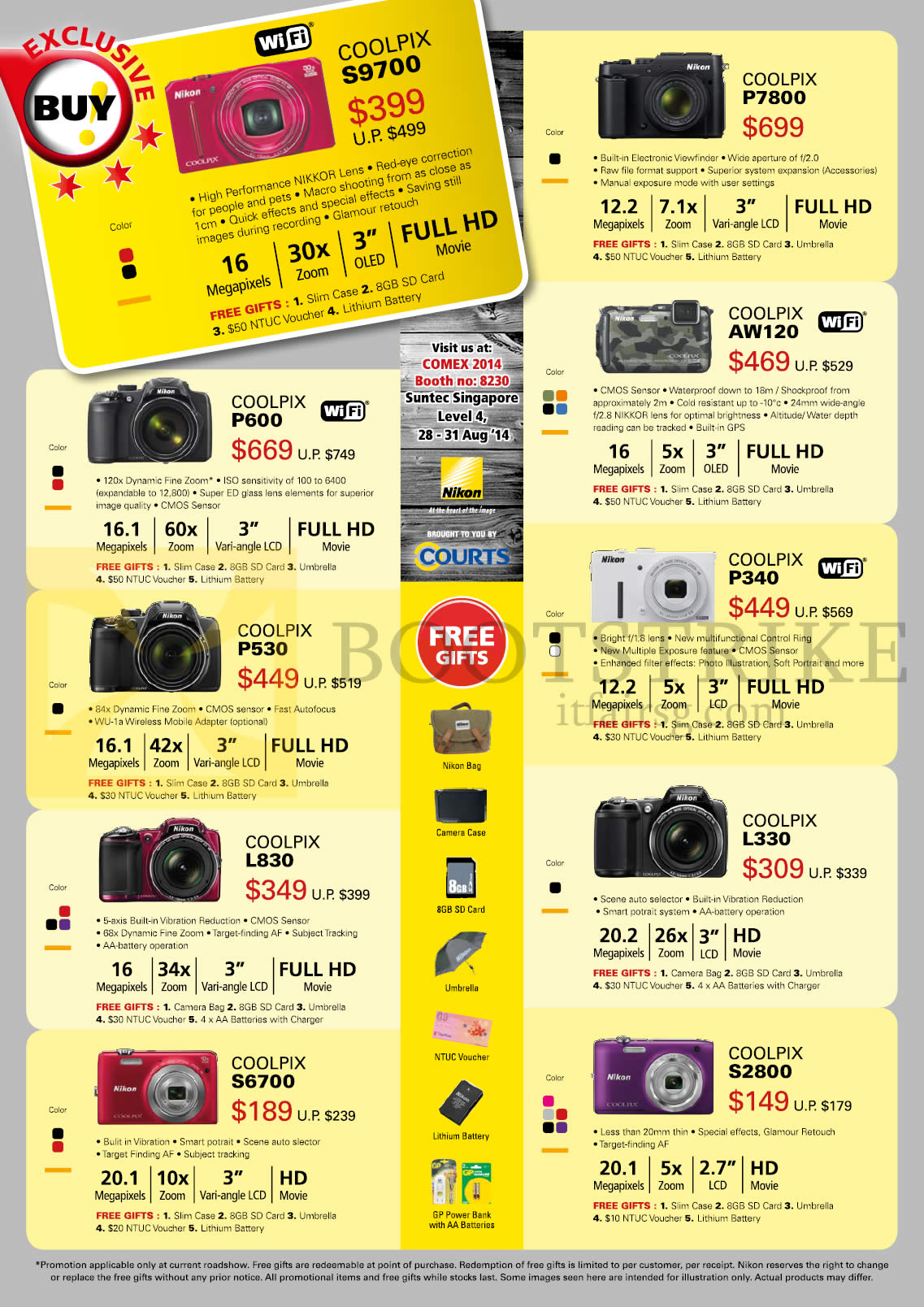 COMEX 2014 price list image brochure of Nikon Digital Cameras Coolpix S9700, P7800, P600, P530, L830, S6700, S2800, L330, P340, AW120