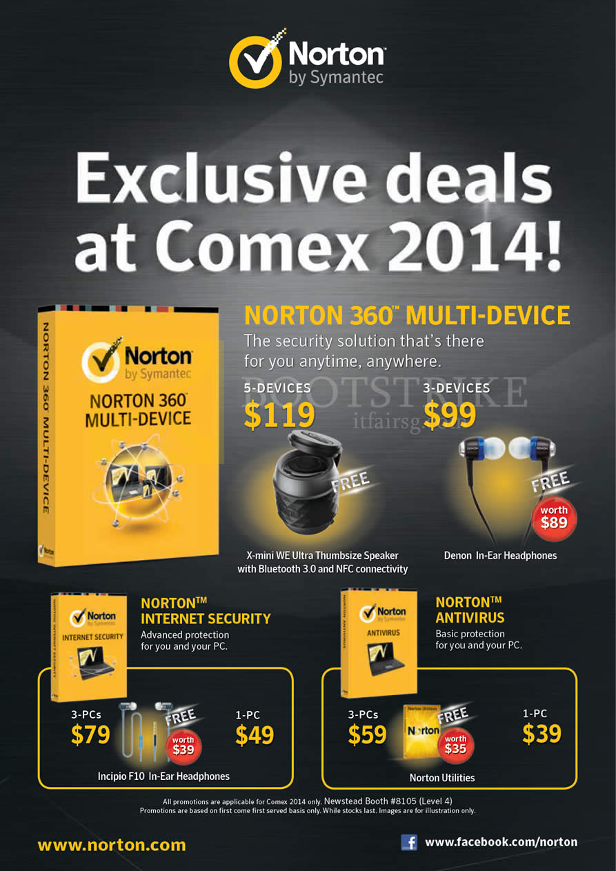 COMEX 2014 price list image brochure of Norton 360 Multi-Device, Internet Security, Antivirus
