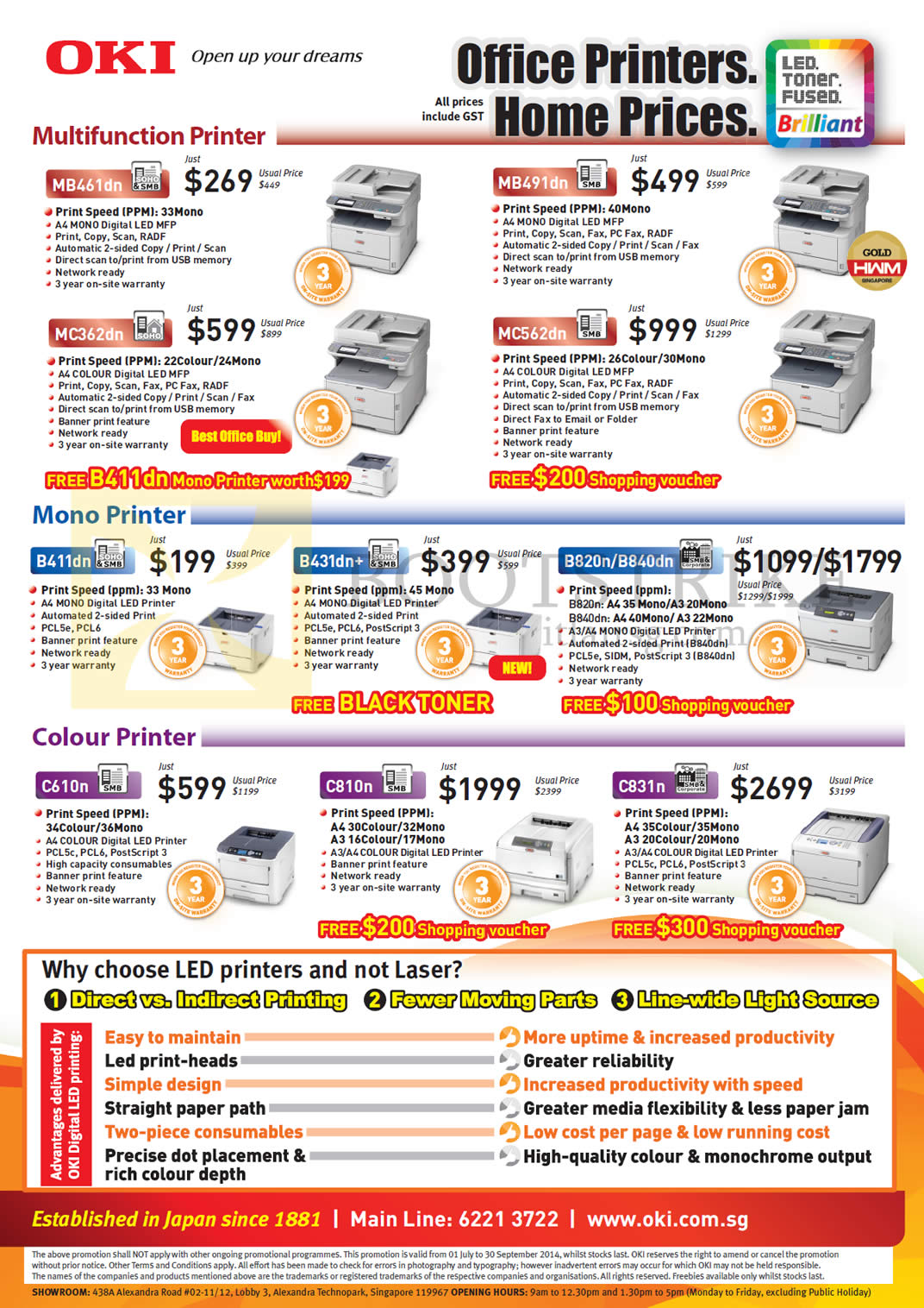 COMEX 2014 price list image brochure of OKI Printers (Newstead) LED MB461dn, MB491dn, MC362dn, MC562dn, B411dn, B431dn, B820dn, B840dn, C610n, C810n, C831n