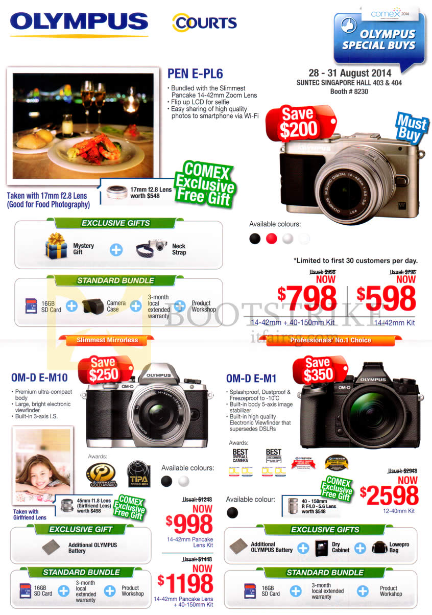 COMEX 2014 price list image brochure of Olympus Digital Cameras Pen E-PL6, OM-D E-M10, OM-D E-M1