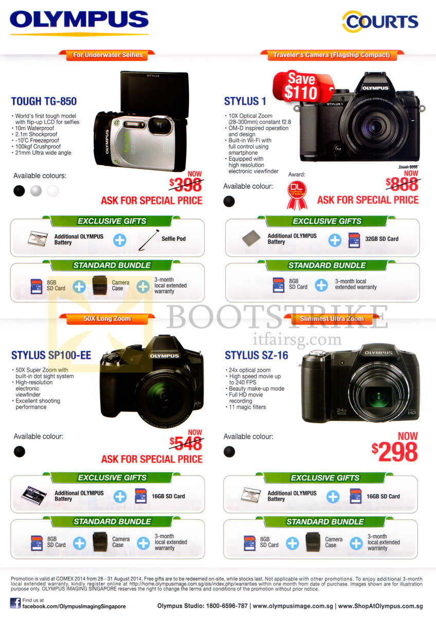 COMEX 2014 price list image brochure of Olympus Digital Cameras Tough TG-850, Stylus 1, Stylus SP100-EE, Stylus SZ-16