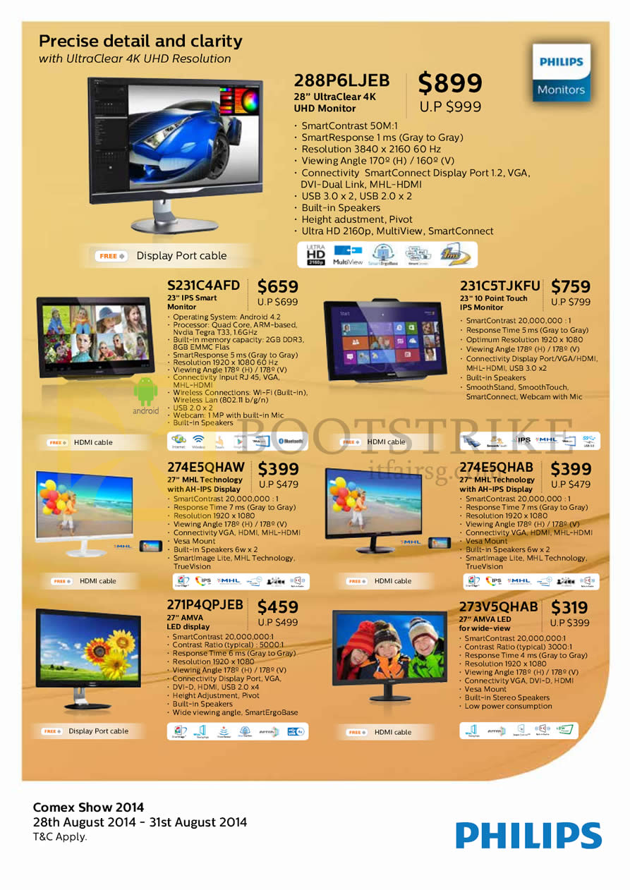 COMEX 2014 price list image brochure of Philips Monitors LED 288P6LJEB, S231C4AFd, 231C5TJKFU, 274E5QHAB, 274E5QHAW, 271P4QPJEB, 273V5QHAB