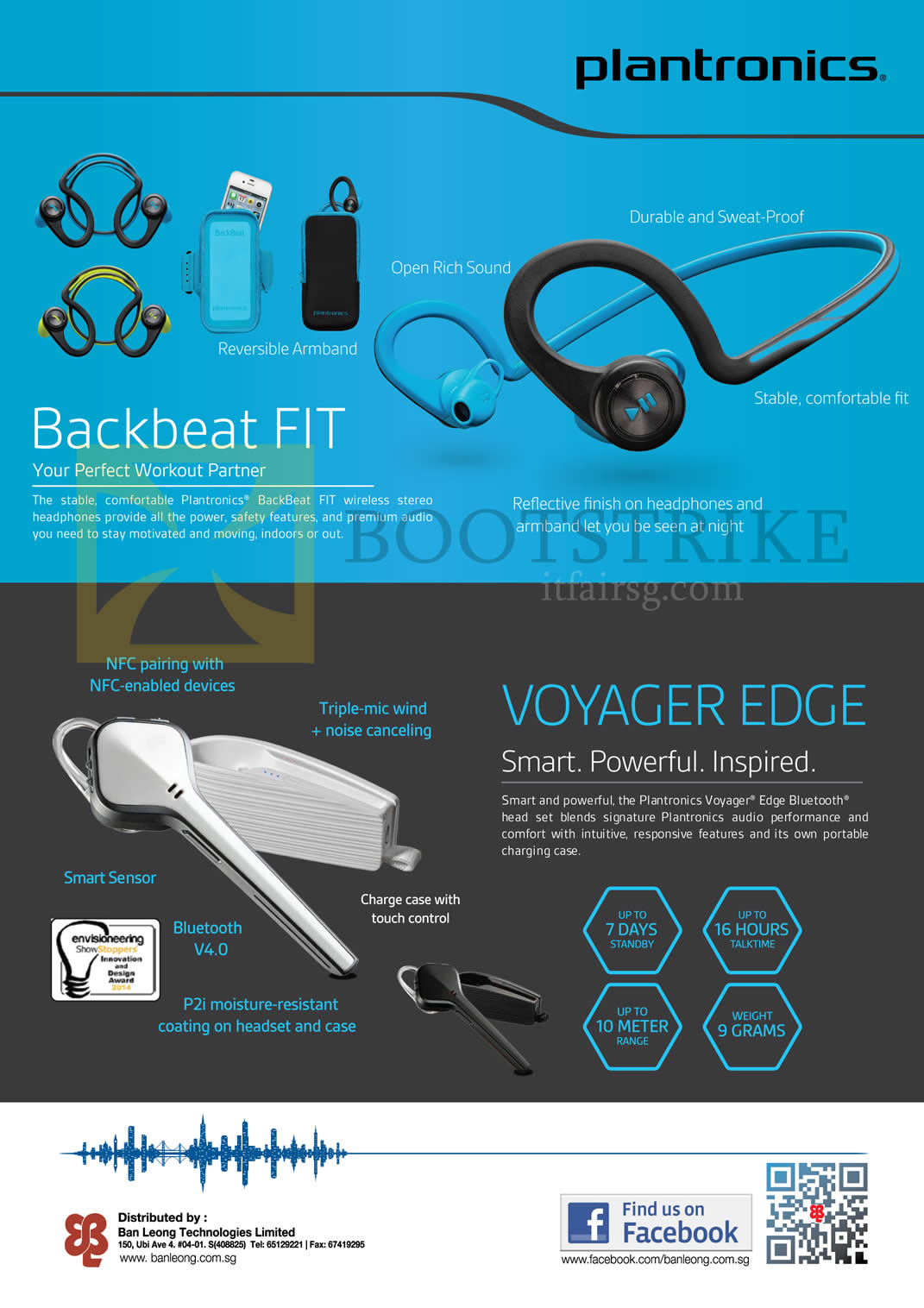 COMEX 2014 price list image brochure of Plantronics Bluetooth Headphones Backbeat Fit, Voyager Edge