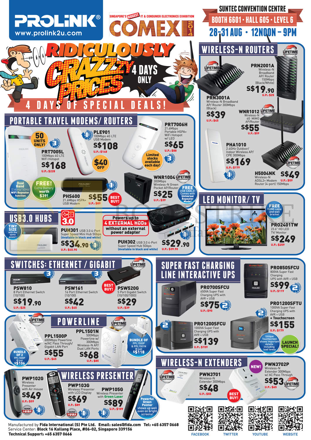 COMEX 2014 price list image brochure of Prolink Portable Modems, Wireless Routers, LED Monitor, TV, USB 3.0 Hubs, Switches, Powerline, Wireless Presenter