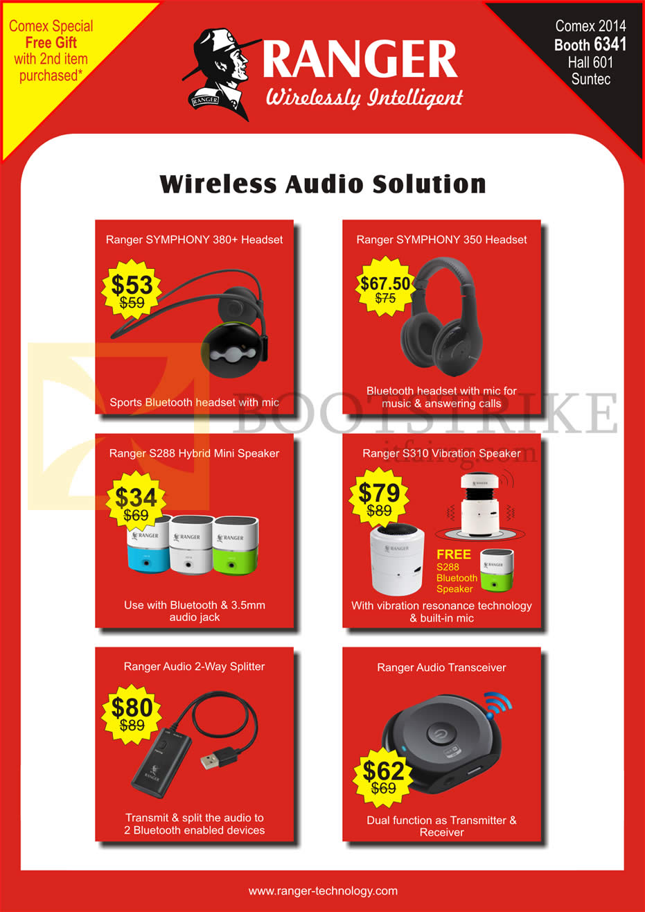 COMEX 2014 price list image brochure of Ranger Headsets, Speakers, Symphony 380 Plus, 350, S288 Hybrid Mini Speaker, S310 Vibration, 2-Way Bluetooth Audio Splitter, Audio Transceiver