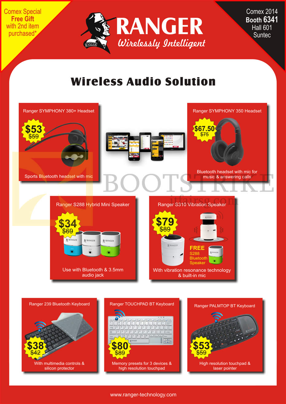 COMEX 2014 price list image brochure of Ranger Wireless Audio Bluetooth Headsets, Symphony 380 Plus, 350, S288 Hybrid Mini Speaker, S310 Vibration Speaker, Keyboards