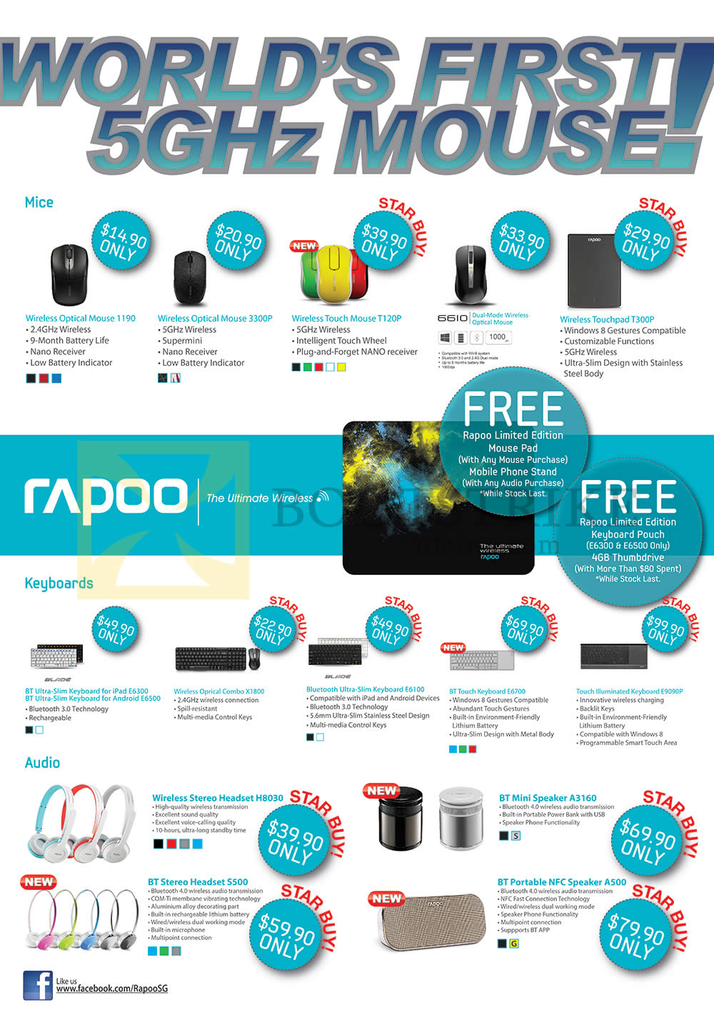 COMEX 2014 price list image brochure of Rapoo Wireless Mouse, Wireless Touchpad, Keyboard, Audio, Speaker, Headset, Bluetooth NFC Speaker