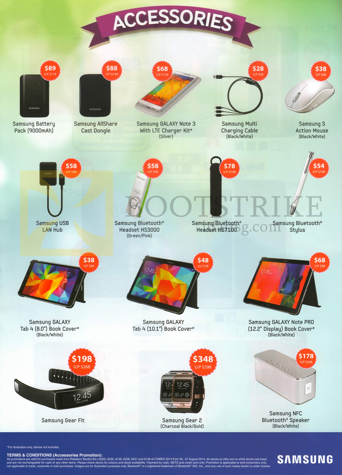 COMEX 2014 price list image brochure of Samsung Accessories Battery Pack, Dongle, Charger Kit, Mouse, Stylus, Headset, LAN Hub, Book Cover, Gear Fit, Bluetooth Speaker