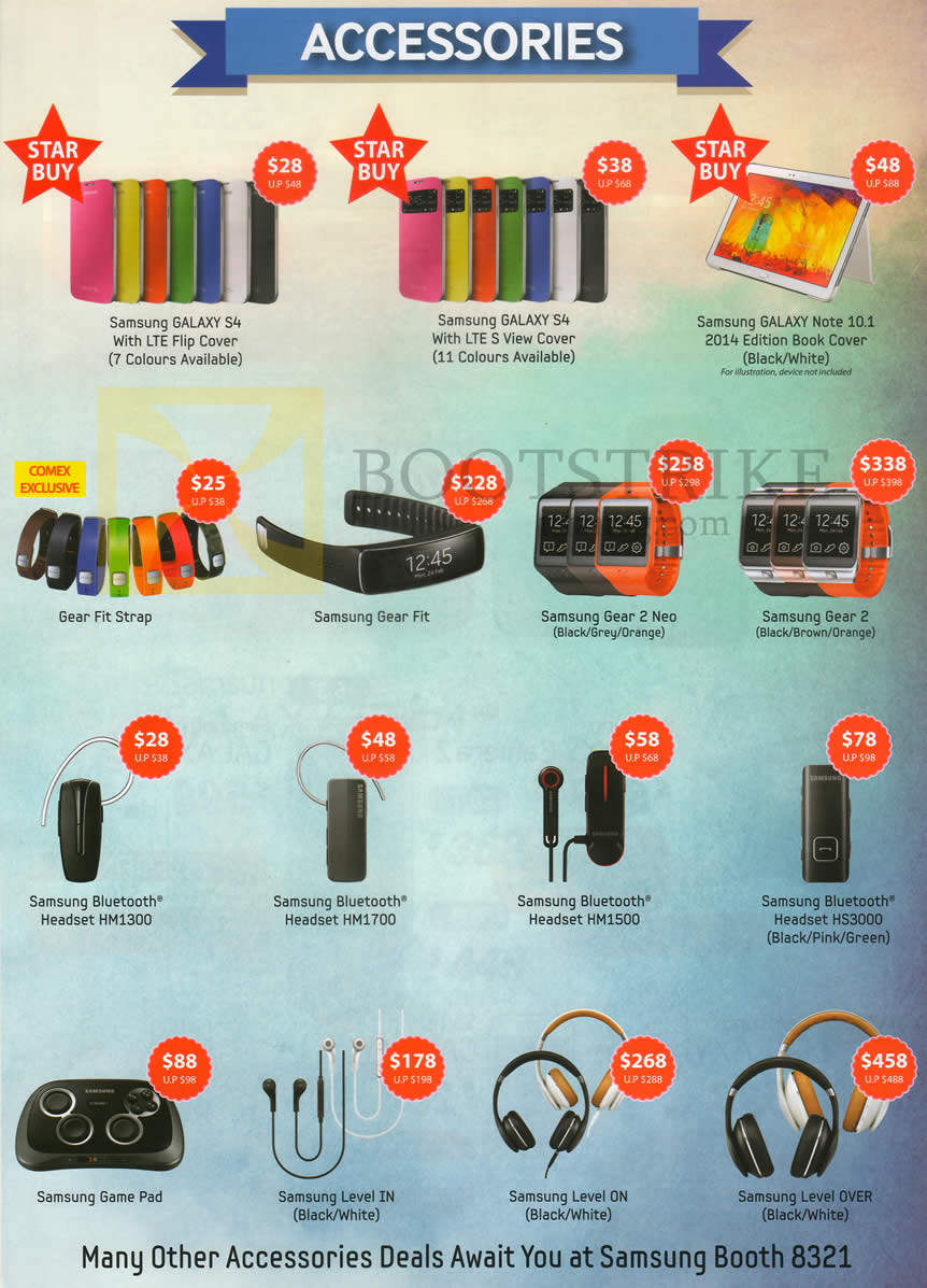 COMEX 2014 price list image brochure of Samsung Accessories Flip Cover, View Cover, Book Cover, Gear Fit, Gear 2 Neo, Bluetooth Headset, Headphone, HM1300, HM1700, HM1500, HS3000